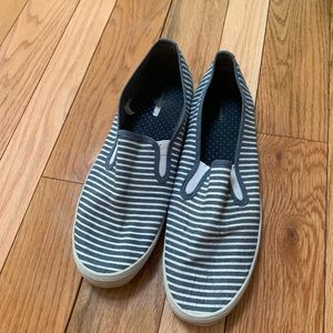 Blue & white striped slip ons